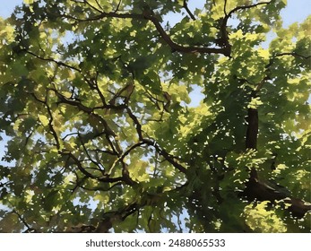 A nuanced digital painting of an acacia tree, showcasing lush green and yellow leaves under a clear blue sky. The intricate network of branches adds depth and movement to this nature-inspired artwork.