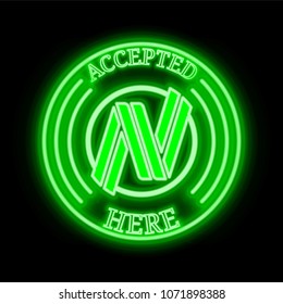 NuBits (USNBT) green  neon cryptocurrency symbol in round frame with text "Accepted here"