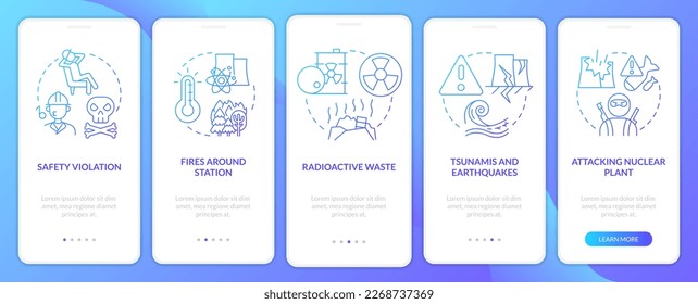 Nuclear accident causes blue gradient mobile app screen. Disaster walkthrough 5 steps graphic instructions with linear concepts. UI, UX, GUI template. Myriad Pro-Bold, Regular fonts used