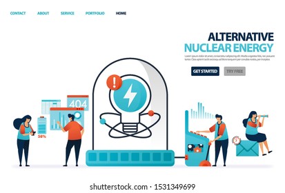 Nuclear alternative energy for electricity. Green energy for better future. Laboratory or lab for scientists to research data charging lithium battery. Human illustration for website, mobile, poster