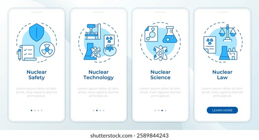 Nuclear applications blue onboarding mobile app screen. Radiation. Walkthrough 4 steps editable graphic instructions with linear concepts. UI, UX, GUI template