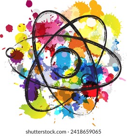 Nuclear atom. Concept of nuclear energy or molecular science or new technology. Vector illustration with rainbow colorful paint splashes.