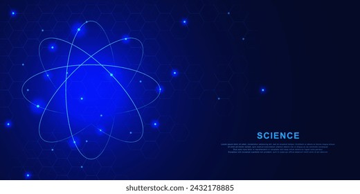 Nuclear atom hologram with molecular structure for science and technology concept on dark blue background. Vector illustration.