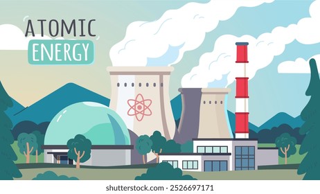 Central nuclear atômica produzindo energia. Reator industrial, torres de resfriamento a vapor. Estação de tecnologia de produção de eletricidade limpa e ambiente natural. Ilustração de vetor plano da indústria