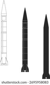 Nuclear ballistic missile icon set in black color. Intercontinental ballistic missile icons and model, line, isolated and silhouette.