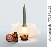 Nuclear ballistic missile launches from the tube in the form of Russian souvenir matryoshka doll. Ironic metaphor about a problems of Intermediate-Range Nuclear Forces Treaty. Cold War caricature.