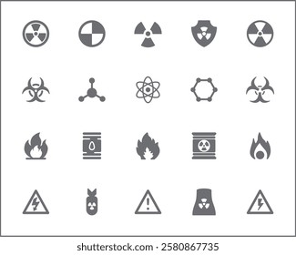 Nuclear And biohazard Technology Icon Set. Vector collection of energy, power, danger, atom, bomb, plant, barrel, molecule, radiation and elements symbols or logo element.