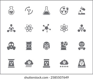 Nuclear And biohazard Technology Icon Set. Vector collection of energy, power, danger, atom, bomb, plant, barrel, molecule, radiation and elements symbols or logo element.