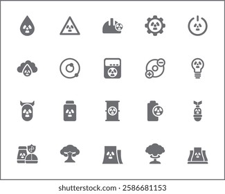 Nuclear And biohazard Technology Icon Set. Vector collection of energy, power, danger, atom, bomb, plant, barrel, molecule, radiation and elements symbols or logo element.