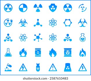 Nuclear And biohazard Technology Icon Set. Vector collection of energy, power, danger, atom, bomb, plant, barrel, molecule, radiation and elements symbols or logo element.