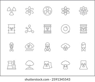 Nuclear And biohazard Technology Icon Set. Vector collection of energy, power, danger, atom, bomb, plant, barrel, molecule, radiation and elements symbols or logo element.