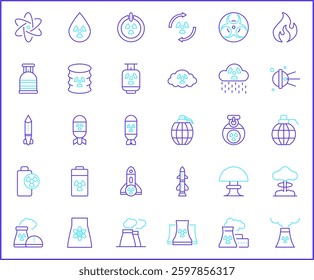 Nuclear And biohazard Technology Icon Set. Vector collection of energy, power, danger, atom, bomb, plant, barrel, molecule, radiation and elements symbols or logo element.