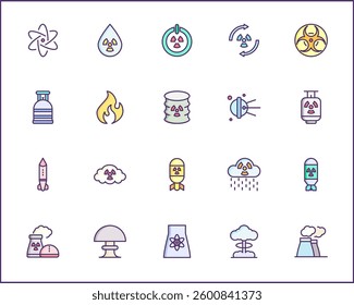 Nuclear And biohazard Technology Icon Set. Vector collection of energy, power, danger, atom, bomb, plant, barrel, molecule, radiation and elements symbols or logo element.