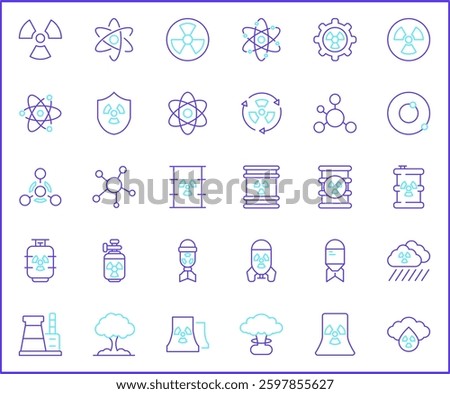 Nuclear And biohazard Technology Icon Set. Vector collection of energy, power, danger, atom, bomb, plant, barrel, molecule, radiation and elements symbols or logo element.