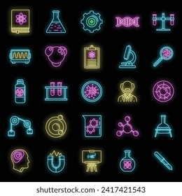 Nuclear biophysics icons set. Outline set of nuclear biophysics vector icons neon color on black