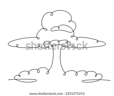 Nuclear blast one line art, hand-drawn radiation mushroom, world catastrophe. Dangerous explosion warhead,detonation of military weapons.Editable stroke.Vector illustration