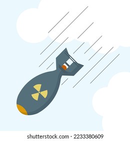 Nuclear Bomb dropping illustration. Fly Nuke Weapon. Nuclear Warhead Explosion. Atom Military Aviation Rocket. Destruction Force. Isolated Vector Illustration.