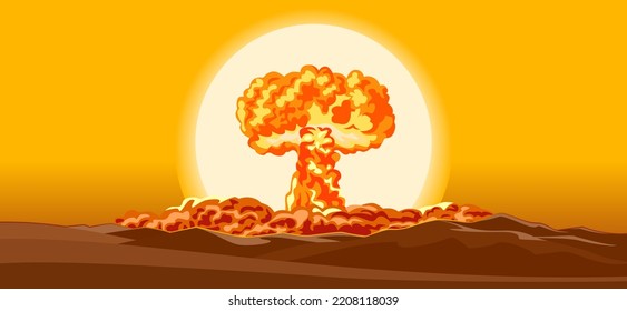 Nuclear Bomb Explosion. Atomic bomb and mushroom clouds. Vector cartoon illustration.