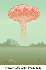 Nuclear bomb explosion in the desert. Mushroom cloud. Rocky mountain landscape. Vector illustration.