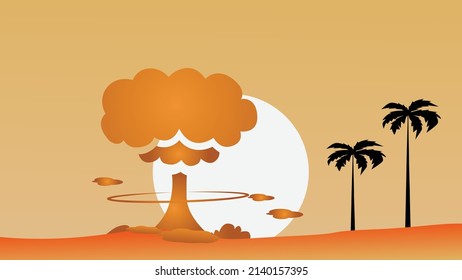 Nuclear bomb explosion in dry desert land vector illustration. Modern Atom bomb blast
