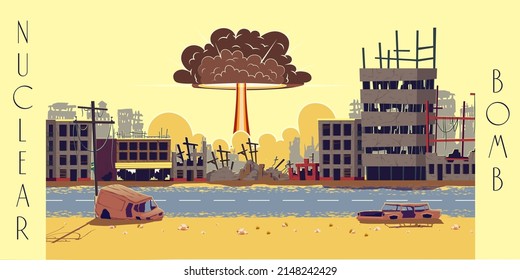 Nuclear Bomb Explosion In Ruined City Vector