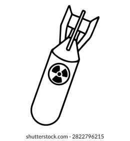 Nuclear bomb. Hand drawn vector doodle. A cruise missile with a radio hazard sign. Lethal weapon. Illustration art line sketch.