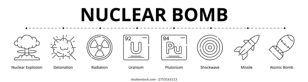 Nuclear Bomb Line Icons Vector - Nuclear Explosion, Detonation, Radiation, Uranium, Plutonium, Shockwave, Missile, Atomic Bomb	