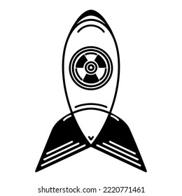 Icono vector de bomba nuclear. Cohetes voladores aislados en blanco. Armas atómicas, de hidrógeno, radiactivas de destrucción en masa. Misil militar peligroso. Un simple garabato, un contorno negro. Clipart para logotipo, web