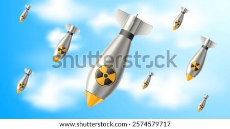 Nuclear bombs falling from sky. Mass defeat weapon flying. Realistic background. military attack, atomic rocket air bomb. Dangerous situation with nuke radiation. Vector 3d isolated concept