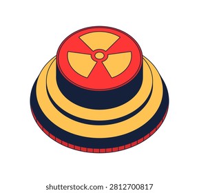 Nuclear button 2D cartoon object. Radiation trefoil hazard symbol. Launch pushbutton. Atomic energy control. Nuke alert trigger isolated element flat vector clip art on white. Spot illustration