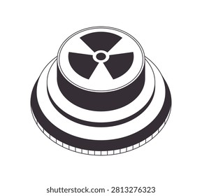 Nuclear button 2D line object. Radiation trefoil hazard symbol. Launch pushbutton. Atomic energy control. Nuke alert trigger isolated clipart vector outline item. Black and white spot illustration