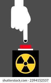 Botón nuclear. La mano y el dedo están presionando el botón rojo con el símbolo de la radioactividad y la radiación radioactiva -botón para lanzar una bomba nuclear y un arma. Ilustración vectorial.