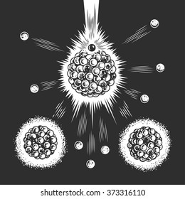 Nuclear Chain Reaction Of Radioactive Uranium Fission And Decay Process. Atom Splits Into Smaller Isotopes, Producing Free Neutron And Gamma Rays Isolated On Black Background Graphic Illustration