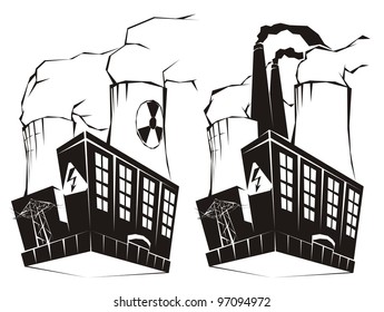 Nuclear and coal fired power plant black & white vector illustration set