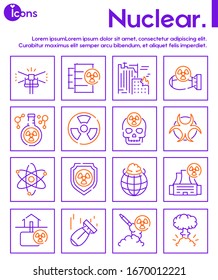 Nuclear color linear icon set. Editable stroke. Missile, radioactive, shelter, bomb effect, nuke mushroom cloud. War and consequences
