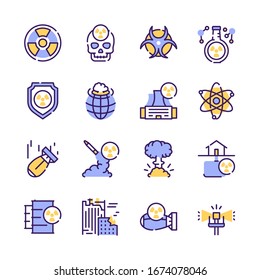 Nuclear color linear icon set. Editable stroke. Missile, radioactive, shelter, bomb effect, nuke mushroom cloud. War and consequences