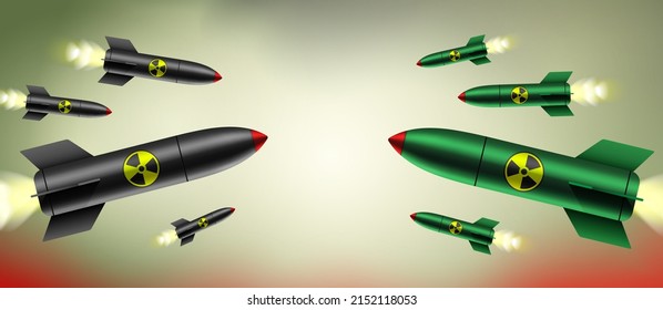 Nuclear conflict concept vector illustration. Black and green atomic bombs flying in direction of each other on a toxic red cloudy sky background.