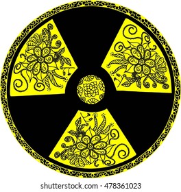 Nuclear danger warning sign drawn in doodle style with floral motives. Ecological conception, opposition of nature and industry