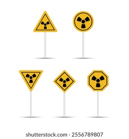 Nuclear danger yellow color signs are isolated on a white background. Radiation hazard and nuclear icon. Multiple shapes of road sign. Radiation and atomic zone billboard design. Atomic danger sign.