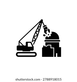 Nuclear decommissioning crane icon, vector illustration. Black filled nuclear decommissioning crane icon isolated on a white background, depicting facility dismantling and infrastructure retirement operations in a technical vector style.