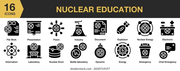 Nuclear Education solid icon set. Includes science, nuclear, technology, education, molecular,, and More. Solid icons vector collection.