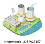 nuclear electric power plant green energy friendly concept isometric isolated cartoon vector