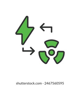 Nuclear electricity, in line design, green. Nuclear, Electricity, Power, Energy, Reactor, Generation, Atomic on white background vector. Nuclear electricity editable stroke icon.