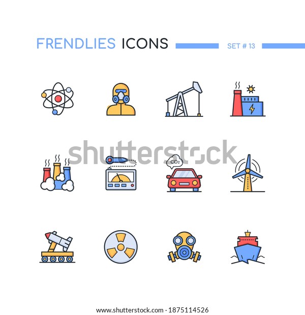 Nuclear elements - modern line design style icons\
set. Oil industry and environment idea. Images of a power plant,\
pump, atom, radiation detector, carbon dioxide, weapons, biohazard,\
wind turbine