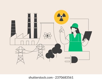 Nuclear energy abstract concept vector illustration. Nuclear power plant, sustainable energy source, cooling towers, uranium atom, distribution system, generate electricity abstract metaphor.