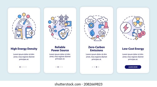 Nuclear energy advantages onboarding mobile app page screen. Reliable power source walkthrough 4 steps graphic instructions with concepts. UI, UX, GUI vector template with linear color illustrations