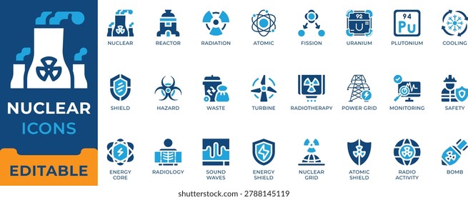 Nuclear Energy Atomic Power Reactor Radiation Science Hazard Radiology Defense Grid Vector Icon Set