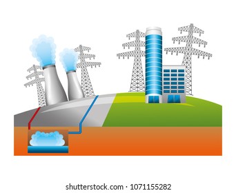 nuclear energy chimney with buildings and towers