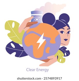 Nuclear energy concept. A person cradles a globe with a power symbol, promoting clean energy with a power plant background. Vector illustration.