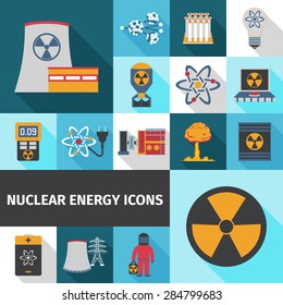 Nuclear energy contribution in global electricity supply flat icons set with radioactivity sign abstract isolated vector illustration